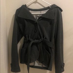 Grey fleece lined/hooded pea coat! Mid length